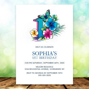 Tropical Butterfly Floral 1st Birthday Party Invitation