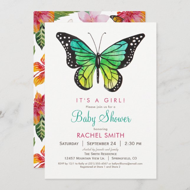 Tropical Butterfly Girl Baby Shower Invitation (Front/Back)
