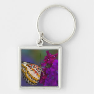 Tropical Butterfly on Purple Flowers Key Ring