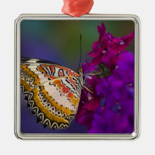 Tropical Butterfly on Purple Flowers Metal Tree Decoration