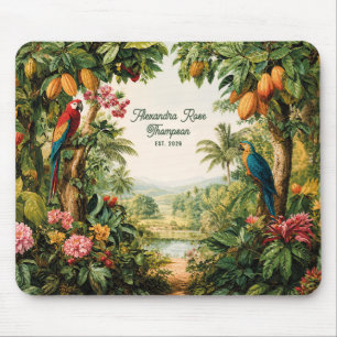 Tropical Cacao Parrots Flower Watercolor Name Est Mouse Pad