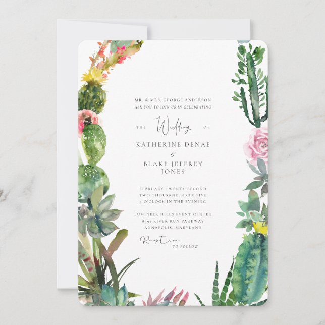 Tropical Cactus Bride Parents Rounded Invitation (Front)
