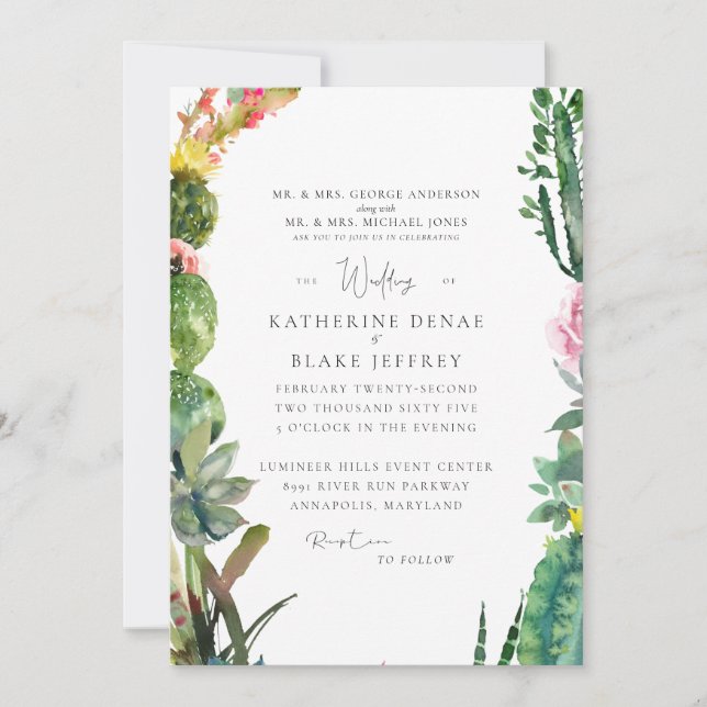 Tropical Cactus Elegant Wedding Invitation (Front)