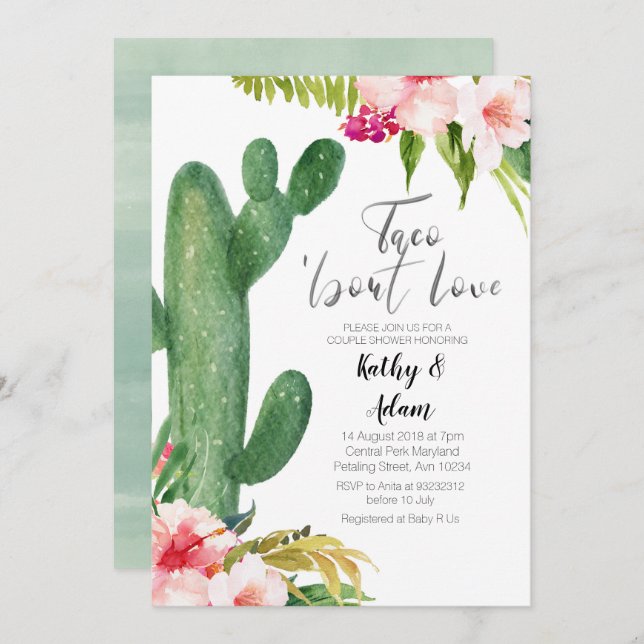 Tropical Cactus Taco about Love COUPLES SHOWER Invitation (Front/Back)