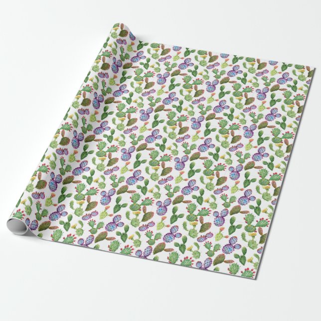 Tropical Cactus: Watercolor Seamless Pattern Wrapping Paper (Unrolled)