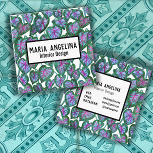 Tropical Caladium Leaves Watercolor Design Square Business Card