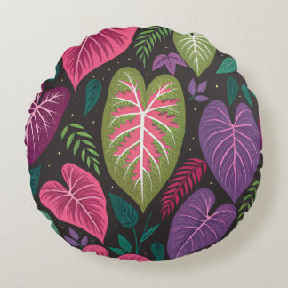 Tropical Caladium Round Pillow – Purple & Green Bo