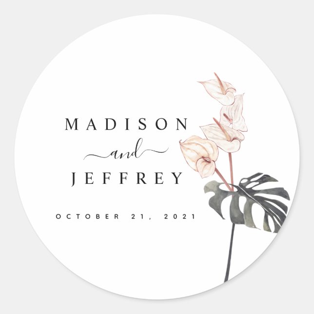 Tropical Calla Lily Minimalist Wedding Classic Round Sticker (Front)