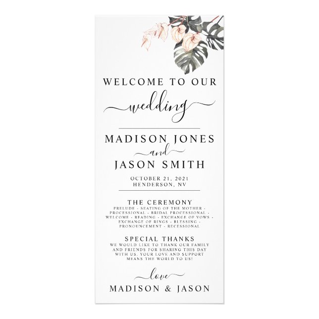 Tropical Calla Lily  Minimalist Wedding Program Rack Card (Front)