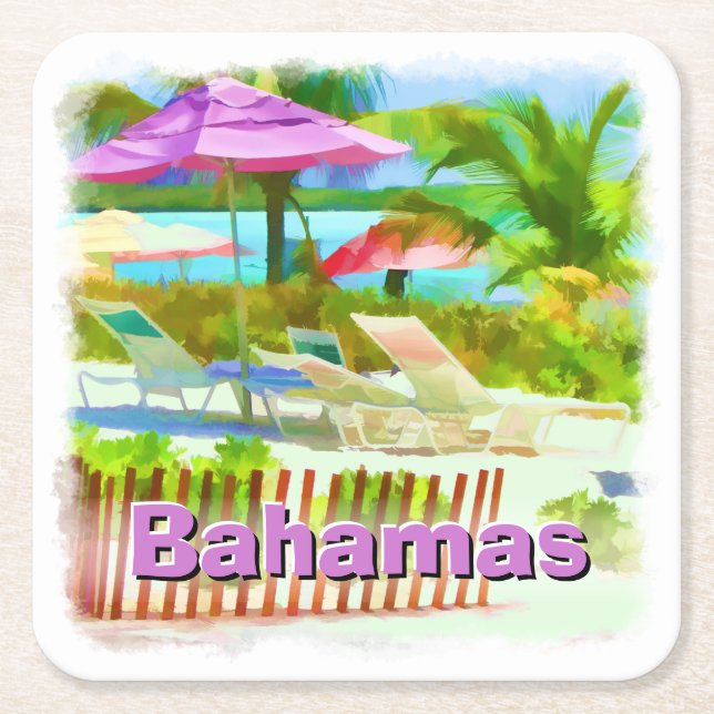Tropical Caribbean Island Beach Scene - Souvenir  Square Paper Coaster (Front)