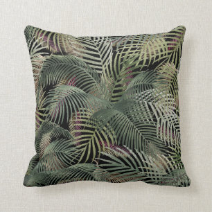 Tropical Caribbean Palm Leaves Watercolor on black Cushion