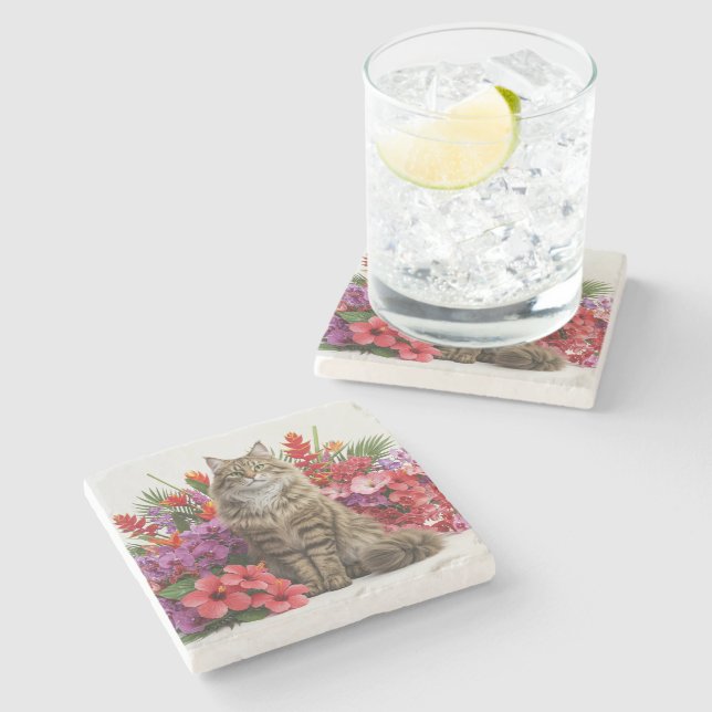 Tropical Cat Marble Stone Coaster Design. (Side)