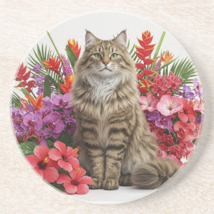 Tropical Cat Sandstone Drink Coaster Design.