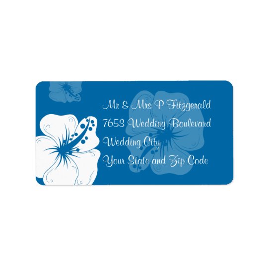 Tropical Cerulean Blue and White Hibiscus Wedding Address Label