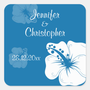 Tropical Cerulean Blue and White Hibiscus Wedding Square Sticker