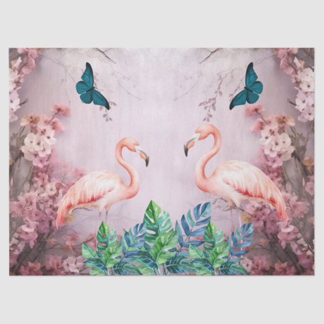 Tropical Cherry Blossom & Pink Flamingos Decoupage Tissue Paper (Front)
