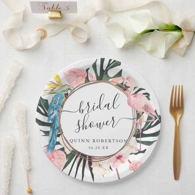 Tropical Chic Flamingo Floral Bridal Shower Paper Plate (Wedding)