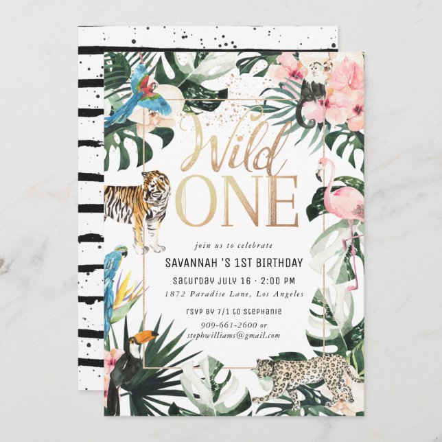 Tropical Chic | Gold Wild One Birthday Party Invitation (Front/Back)