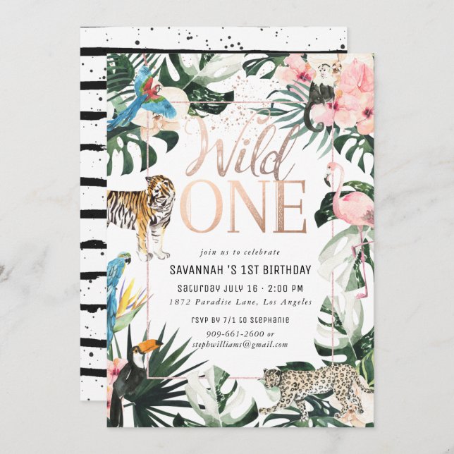Tropical Chic | Pink Wild One Birthday Party Invitation (Front/Back)