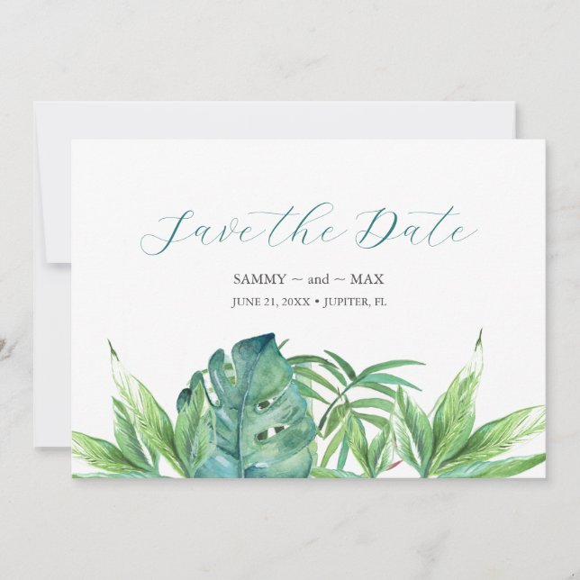 Tropical Chic Watercolor Greenery Save the Date (Front)
