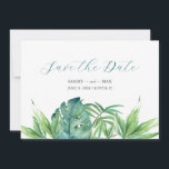 Tropical Chic Watercolor Greenery Save the Date<br><div class="desc">Announce your engagement with my tropical chic boho save our date invitations featuring Save the Date in a trendy script typography style. This simple card features hand painted watercolor green palm and monster leaves with your names, wedding date and wedding location. Cards reverse to complimentary emerald green colour. Perfect for...</div>