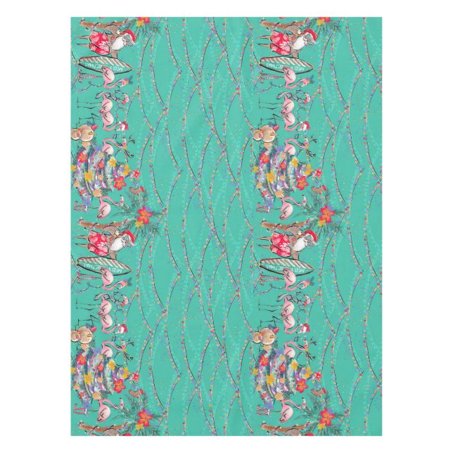 Tropical Christmans with Santa and Flamingos Tablecloth (Front)