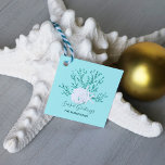 Tropical Christmas Beach Aqua Blue Gift Favour Tags<br><div class="desc">These personalised favour tags are great for your Christmas presents, and feature a white sand dollar and 2 white starfish on glitter coral, with an aqua blue background, and beachy holiday message “seas & greetings.” *If you would like this design on more products or need design help, please contact me...</div>