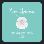 Tropical Christmas Beach Sand Dollar Teal  Square Sticker<br><div class="desc">Tropical Beach Christmas teal green greeting card,  with a sand dollar and white typography design,  With customisable lettering,  you can add your own Information. Great for sending well wishes to loved ones this holiday season.</div>