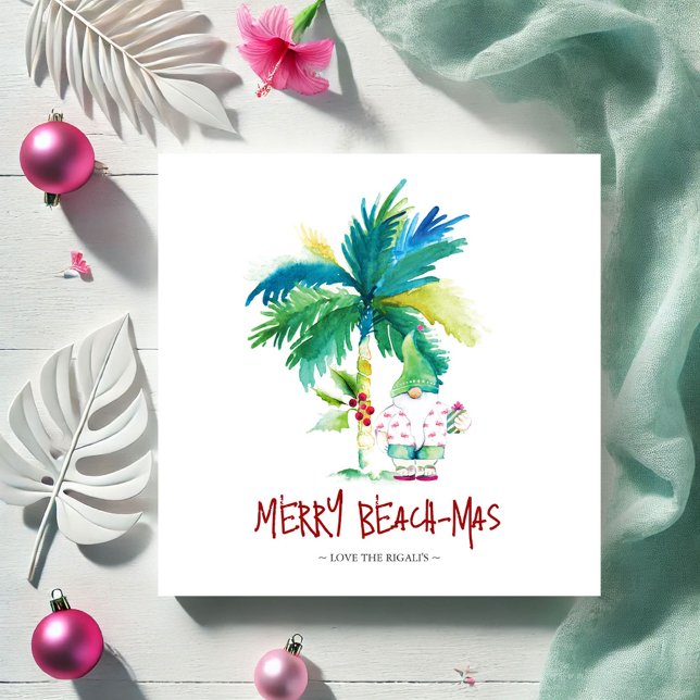 Tropical Christmas Card (Beach-mas invitations watercolor palm tree and Christmas gnome by Victoria Grigaliunas DoTellABelle)