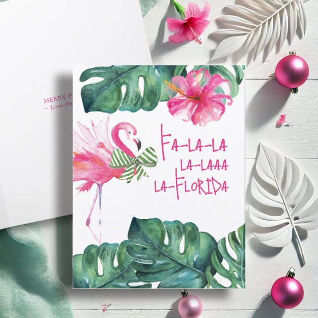 Tropical Christmas Card Designs (Pink flamingo Christmas cards watercolor tropical art by Victoria Grigaliunas of Do Tell A Belle)