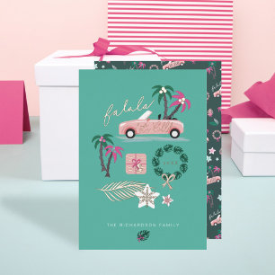 Tropical Christmas Fala Lets Roll Pink Convertible Foil Holiday Card