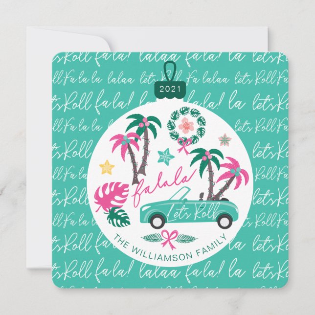 Tropical Christmas Fala Lets Roll Teal Convertible Holiday Card (Front)