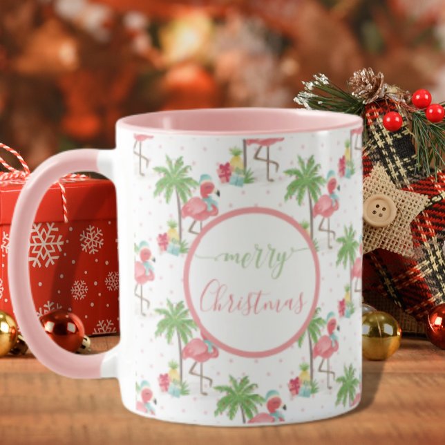 Tropical Christmas Flamingo Blue Santa Hat Pink Mug (Creator Uploaded)