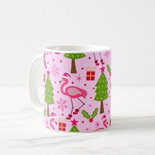 Tropical Christmas Flamingo With Pine Tree on Pink Coffee Mug