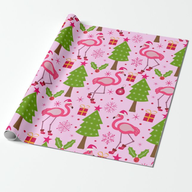 Tropical Christmas Flamingo With Pine Tree on Pink Wrapping Paper (Unrolled)