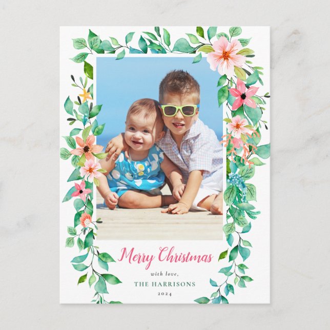 Tropical Christmas Floral Frame Holiday Photo Postcard (Front)