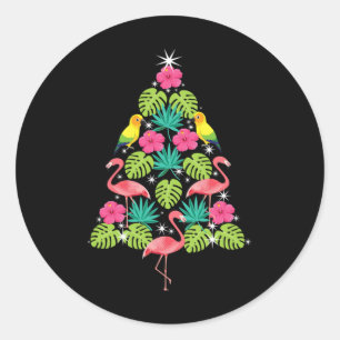 Tropical Christmas Hawaiian Flamingo Xmas Tree Sil Classic Round Sticker