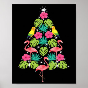 Tropical Christmas Hawaiian Flamingo Xmas Tree Sil Poster