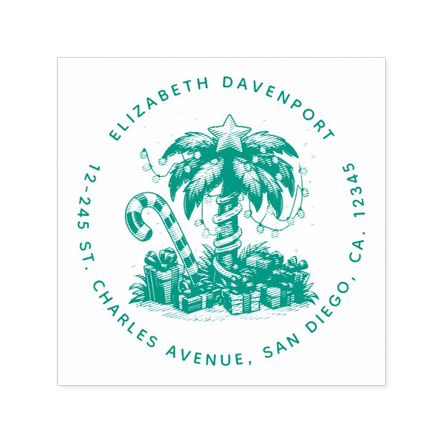 Tropical Christmas Holiday Palm Tree Address Self-inking Stamp (Design)