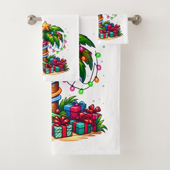 Tropical Christmas Holiday Palm Tree Bath Towel Set (Insitu)