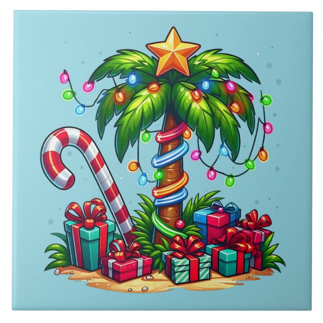 Tropical Christmas Holiday Palm Tree Ceramic Tile (Front)