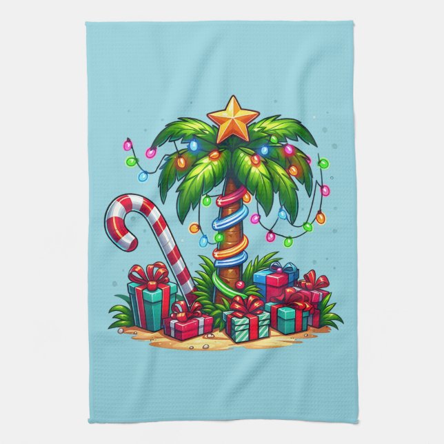 Tropical Christmas Holiday Palm Tree Tea Towel (Vertical)