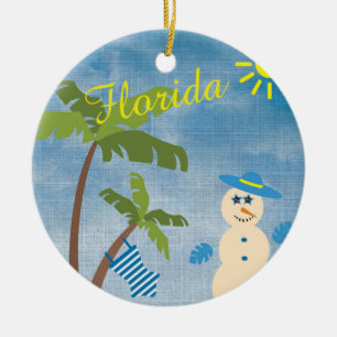 Tropical Christmas in Florida Snowman on Beach Ceramic Ornament