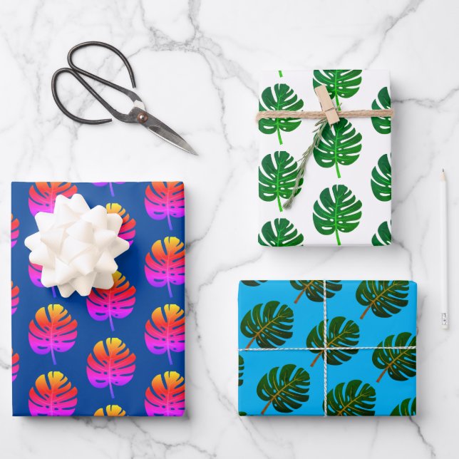 Tropical Christmas in July Monstera leaf pattern Wrapping Paper Sheet (Front)