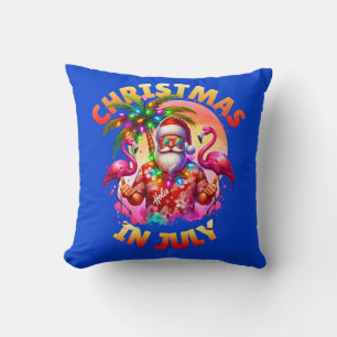 Tropical Christmas in July Palm Trees & Flamingos Cushion