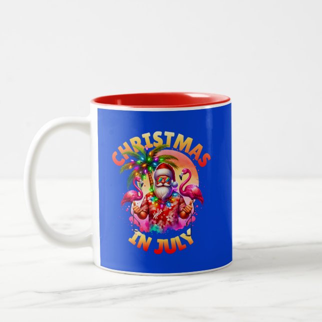 Tropical Christmas in July Palm Trees & Flamingos Two-Tone Coffee Mug (Left)