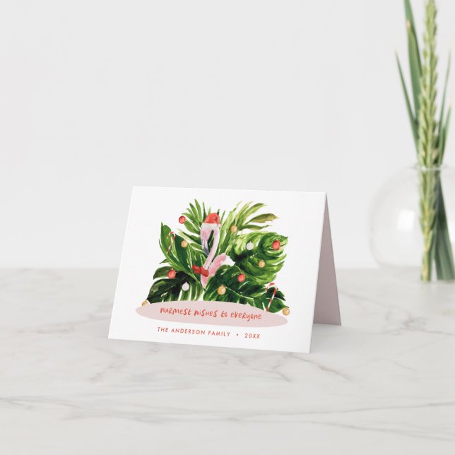 Tropical Christmas modern palm botanical Flamingo Holiday Card (Front)