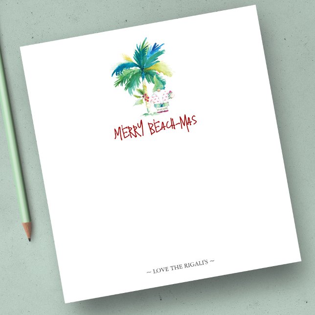 Tropical Christmas Notepads Palm Tree (Beach Christmas notepads features palm tree and Santa watercolor art by Victoria Grigaliunas)