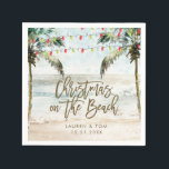 tropical christmas on the beach party napkins<br><div class="desc">A funky beach scene with palm trees and red and green festive string lights design and typography "Christmas on the beach" wording. Easy to change or delete the text area to suit your personal requirements. Perfect for beach parties and celebrations!  Matching items in this paradise beach destination collection.</div>