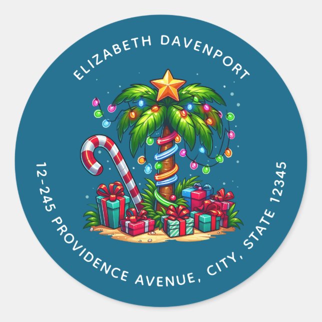Tropical Christmas Palm Tree Address Classic Round Sticker (Front)